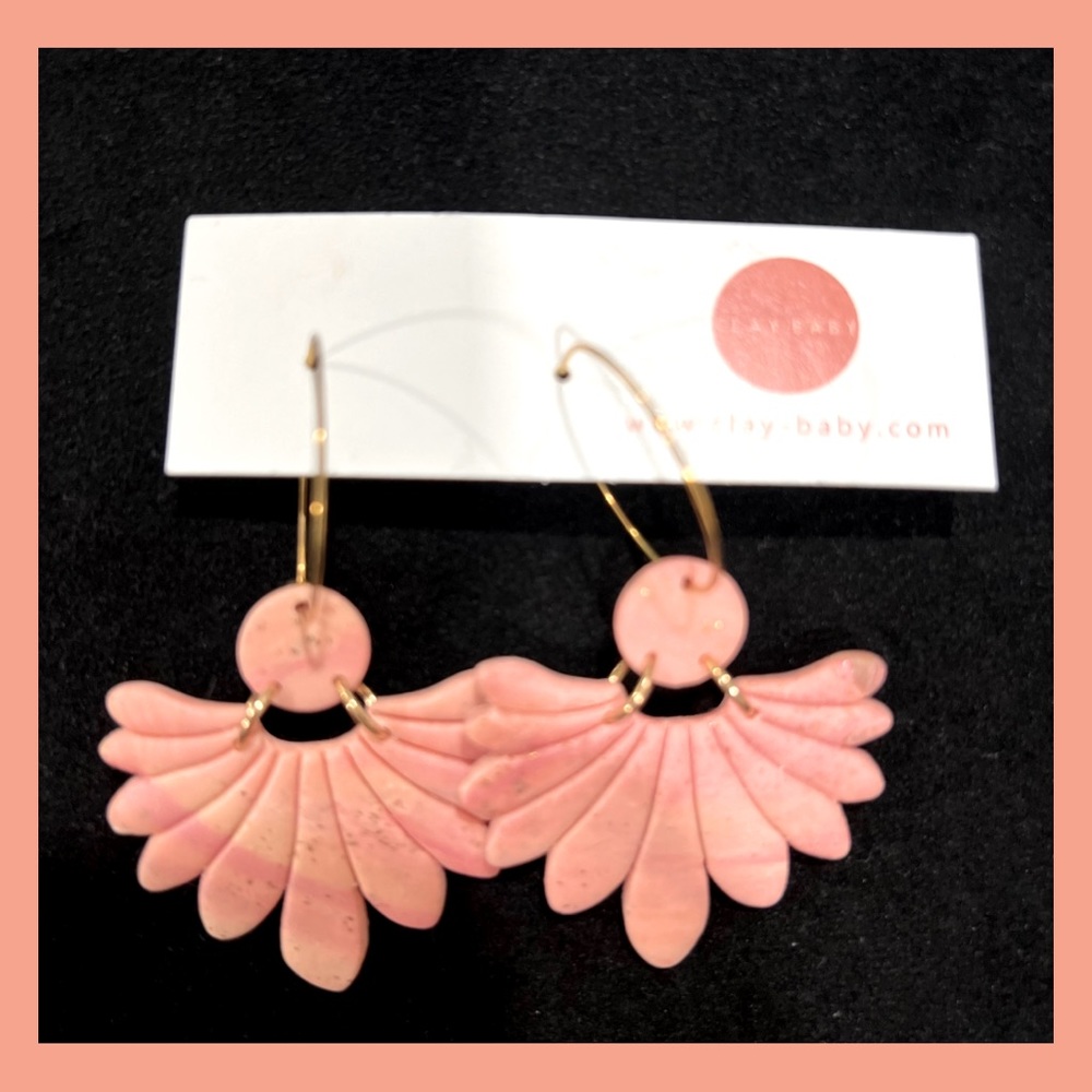BRAND NEW! Clay Baby HANDMADE clay dangle earrings, gold & pink.
